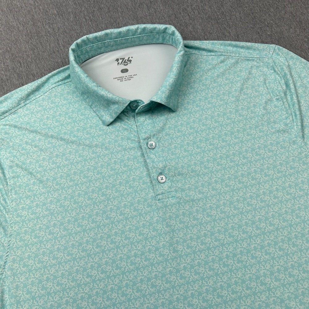 1764‎ Golf Polo Mens XL Teal Green Gear Up Cyclist All Over Print Short Sleeve